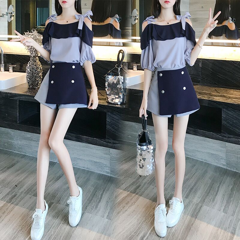 洋气短裤两件套2018新款韩版港味时尚女神网红两件套装俏皮女夏bf