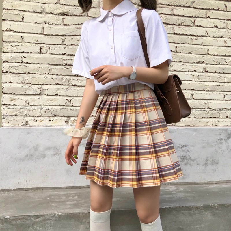 大码格子半身裙女夏百搭高腰a字显瘦制服裙山吹jk格裙短裙子胖mm