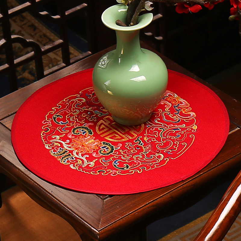新中式红木刺绣西餐桌盘垫布艺中国风家用防滑花瓶垫装饰茶几杯垫