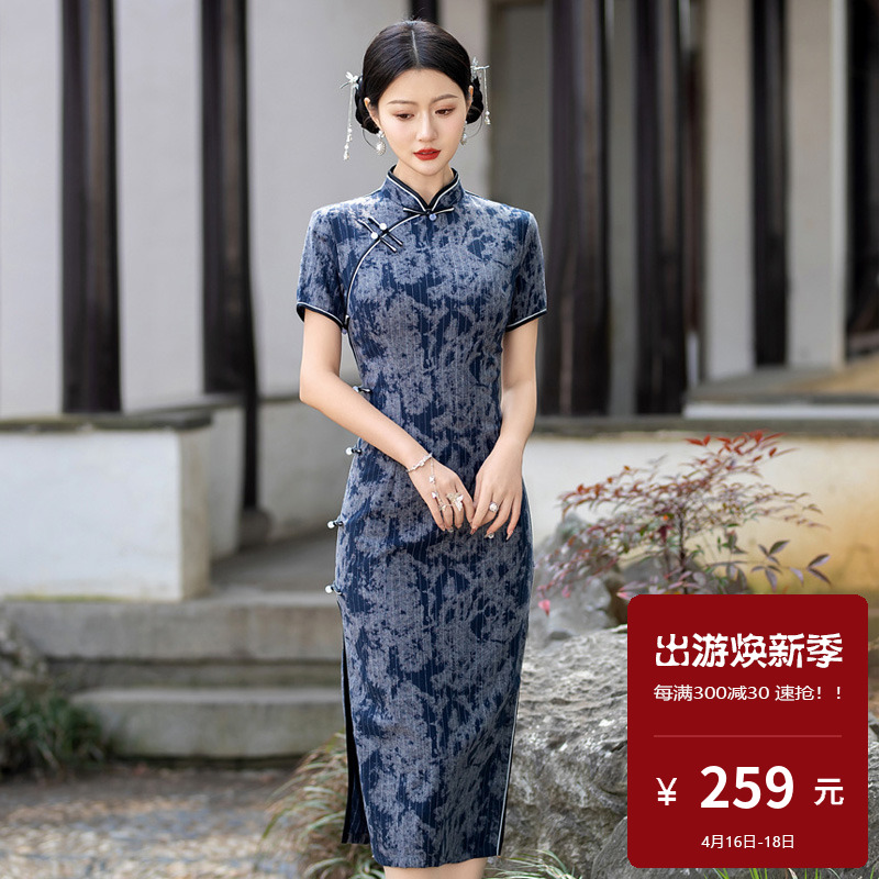 棉麻旗袍中长款短袖老上海传统日常生活装改版新中式复古优雅显瘦