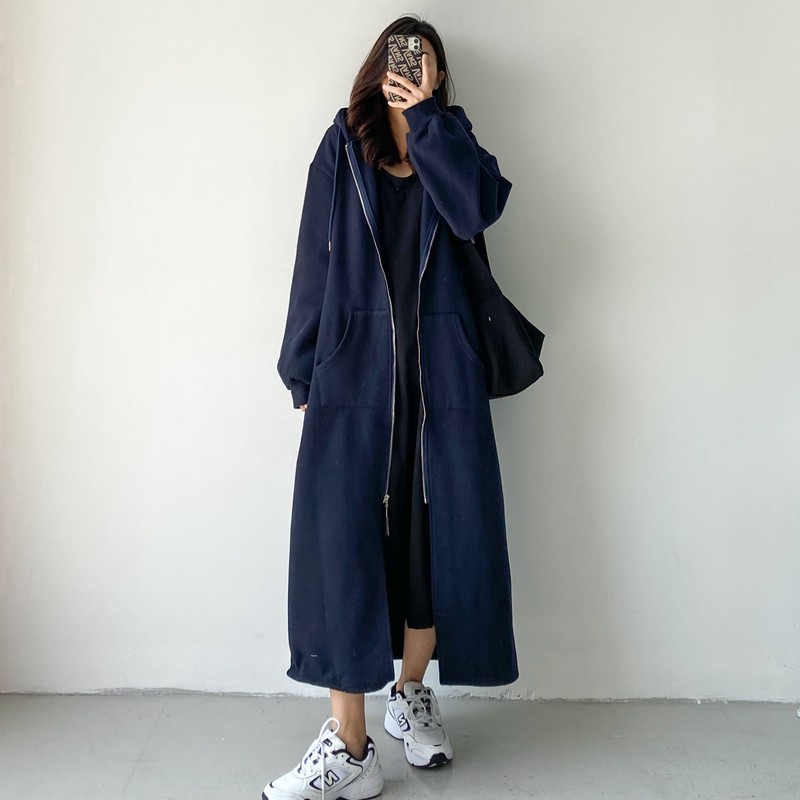 拉链加绒卫衣女2021年新款宽松大码超长款过膝休闲外套秋连帽开衫