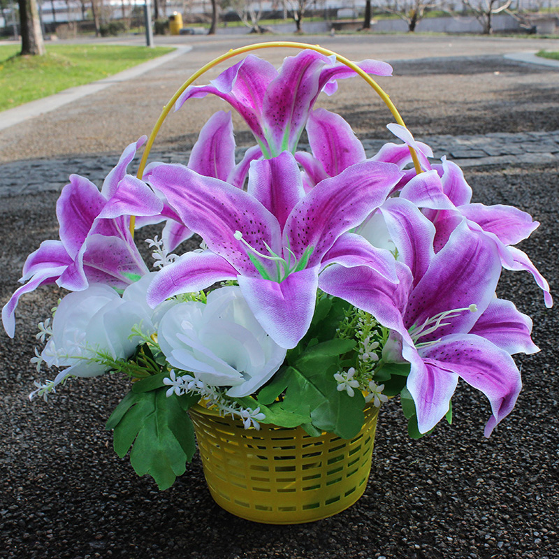 仿真花百合玫瑰花篮清明花假花扫墓花摆放花上坟绢花祭祀花装饰花