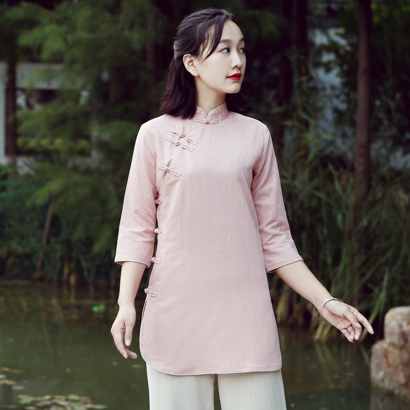 旗袍上衣女中长款2018夏装新款原创复古文艺盘扣茶服女中式女装