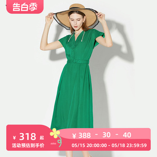 夏季女装2024新款气质法式绿色月亮袖收腰显瘦缎面连衣裙长裙