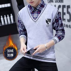 冬季加绒加厚男士假两件毛衣韩版青少年衬衫领针织衫流行线衣外套