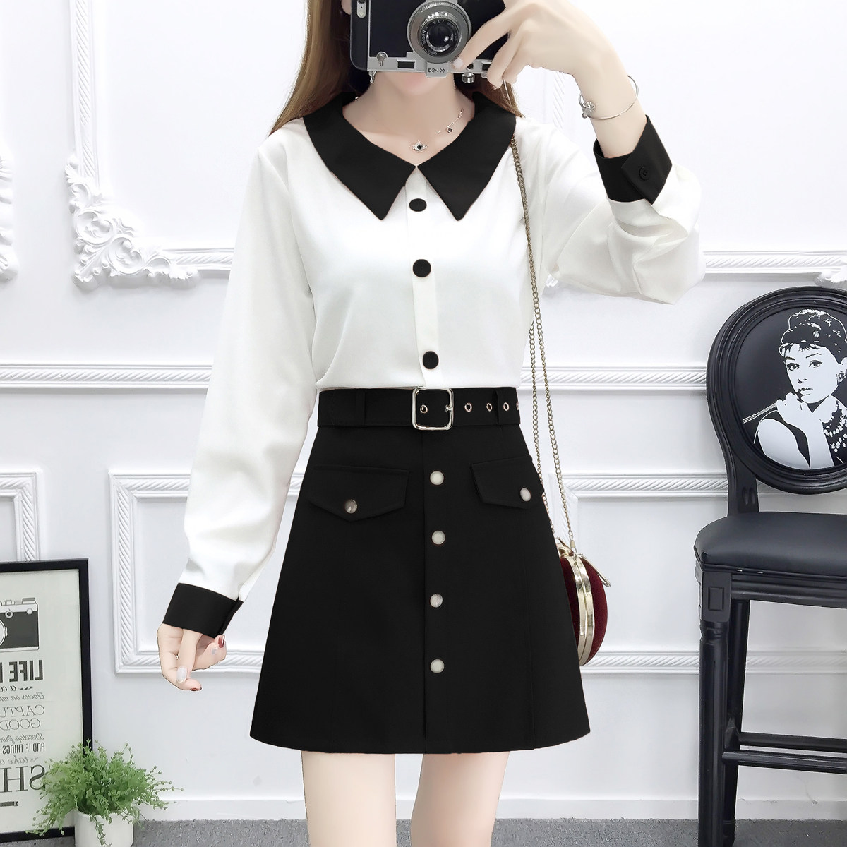 【实拍】9870#气质淑女时尚套装拼色雪纺衫高腰a字半身裙两件套女