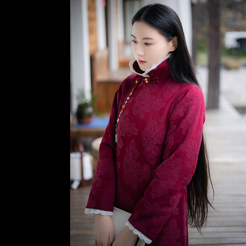 晓公子|绮罗|民国风冬款棉麻玫瑰提花元宝领全开襟夹棉旗袍连衣裙