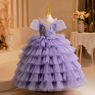 儿童礼服高端紫色女童走秀公主裙洋气生日宴会主持人钢琴演出服春
