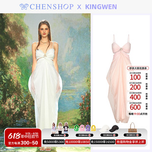 KINGWEN时尚吊带雪纺网纱镂空连衣裙修身显瘦CHENSHOP设计师品牌