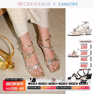 Caratiff时尚经典水钻蝴蝶凉鞋方跟高跟鞋新品CHENSHOP设计师品牌