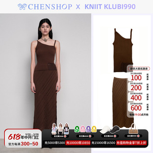 KNiiT KLUBI990罗纹斜领吊带上衣斜纹长裙套装CHENSHOP设计师品牌