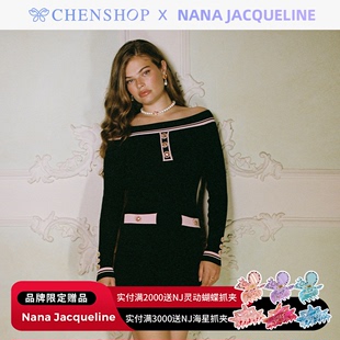 Nana Jacqueline黑色一字肩针织收腰长袖连衣裙CHENSHOP设计师