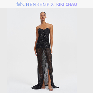 KIKI CHAU时尚‘SPIANA’抹胸闪片长款连衣裙CHENSHOP设计师品牌