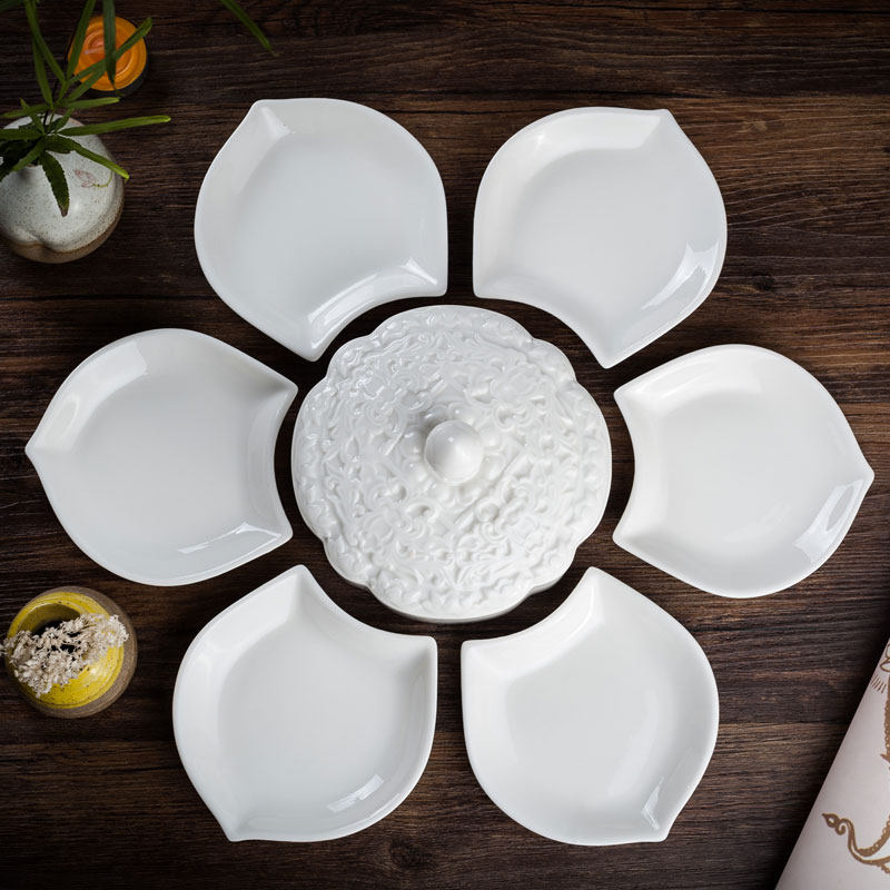 古菩白瓷素斋盘莲花型组合果盘素食盘斋盘供盘供果盘果碟