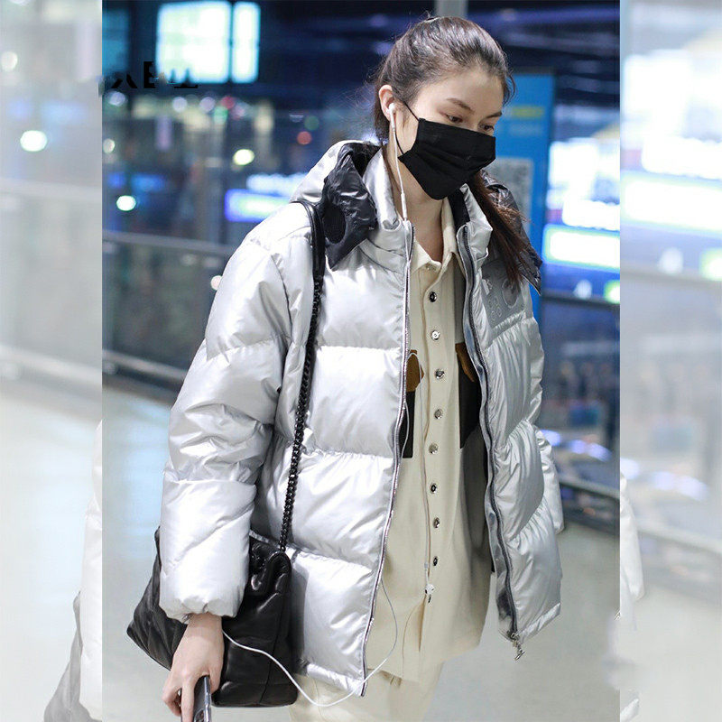 法式luluins何穗明星同款衣服亮面银色短款羽绒棉服冬季保暖外套