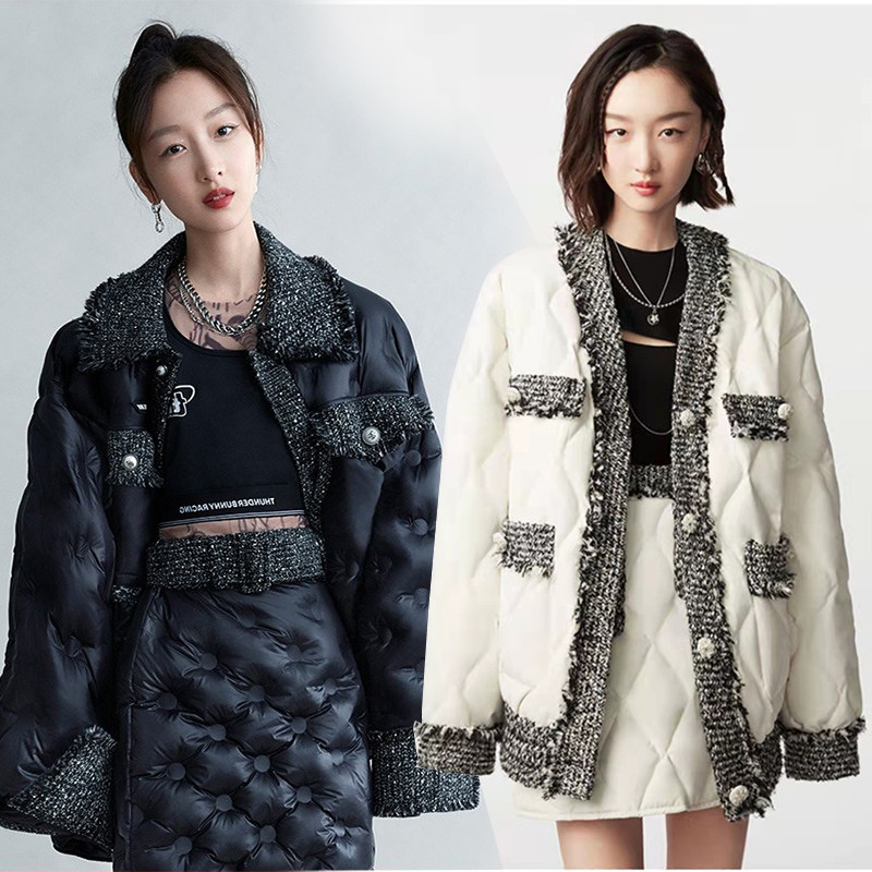 luluins周冬雨明星同款衣服小香风加厚羽绒棉服外套半身裙套装女