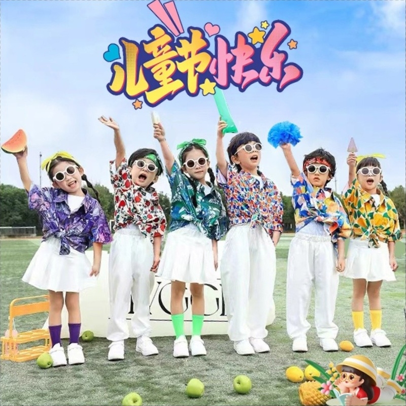 儿童啦啦队六一演出服港风花衬衫幼小学生运动会儿园班服舞蹈服装