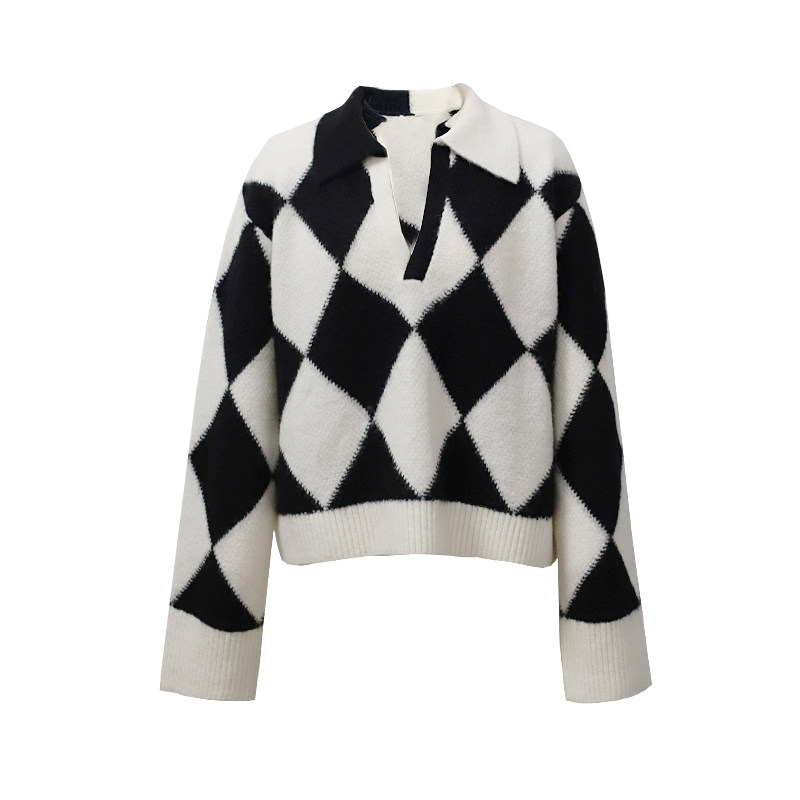 黑白菱格撞色毛衣女秋冬外穿2021年新款慵懒风宽松法式复古上衣