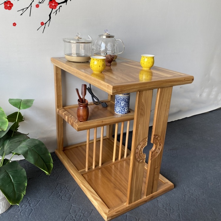 老榆木实木新中式茶桌烧水一体雕刻客厅家用小型仿古茶台储物角几