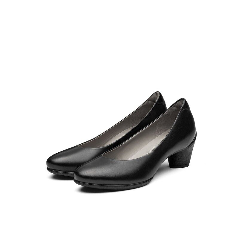 ecco爱步套脚真皮女鞋浅口粗跟通勤单鞋女圆头正装高跟鞋 230203