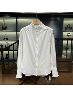 韩国气质荷叶边立领白色纯棉衬衫女2024春季新款高级感长袖上衣潮