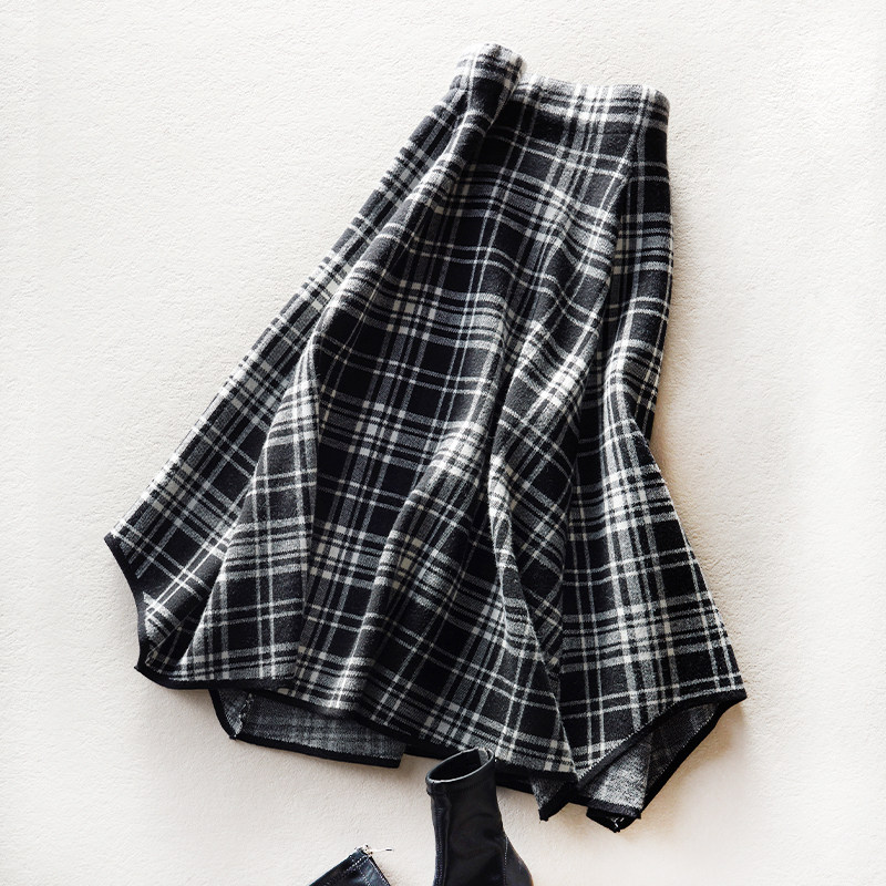 设计感格子针织半身裙 秋冬中长款高腰显瘦百搭复古格纹羊毛a字裙