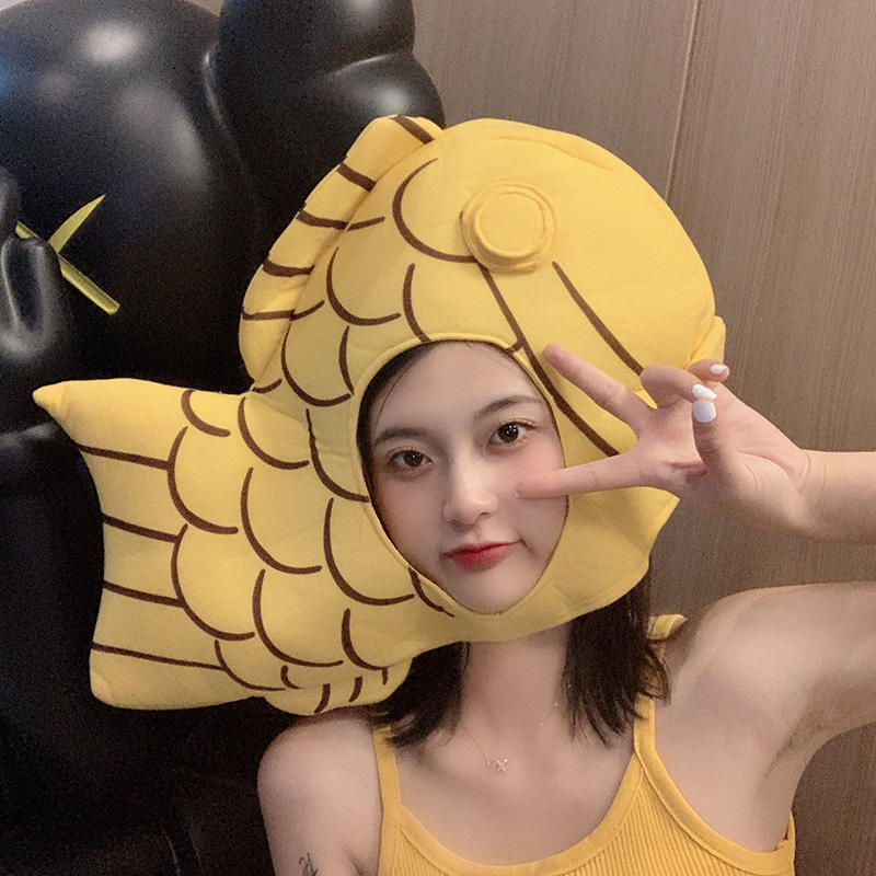卡通可爱少女卖萌外景拍照鲤鱼头套帽子摄影道具创意鲷鱼烧帽头饰