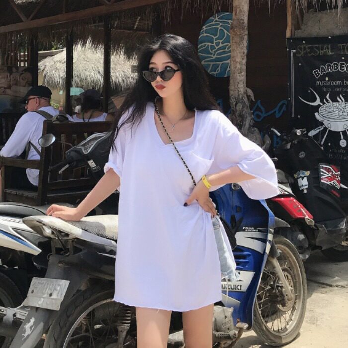 夏季韩版bf风宽松中长款v领短袖随意侧开叉白t恤男友基础打底t