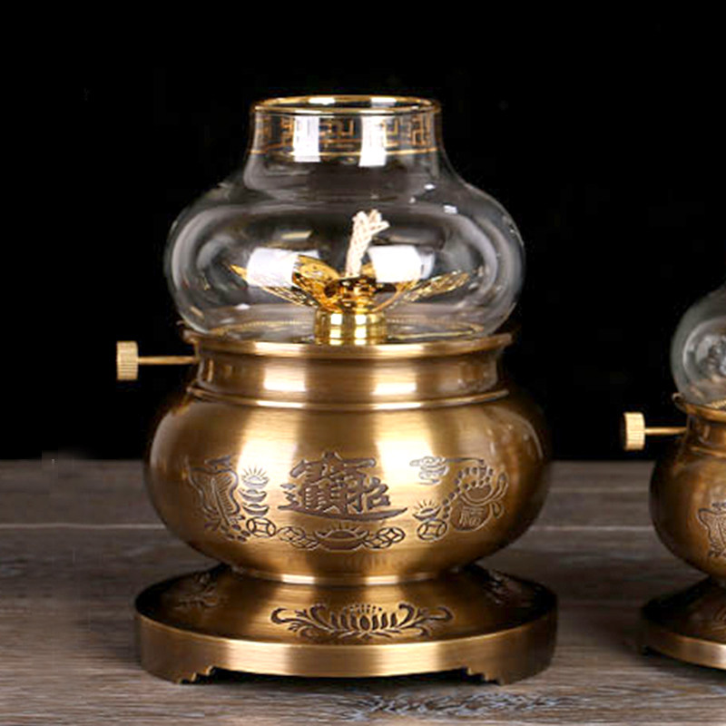 全铜油灯防风液体油灯盏老式复古莲花酥油灯供佛堂家用财神长明灯