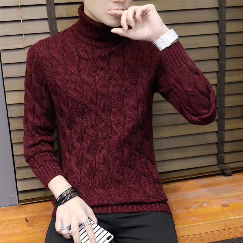 男士黑色高领毛衣 修身型_纯色编织高领毛衣男修身型百搭青少年围领