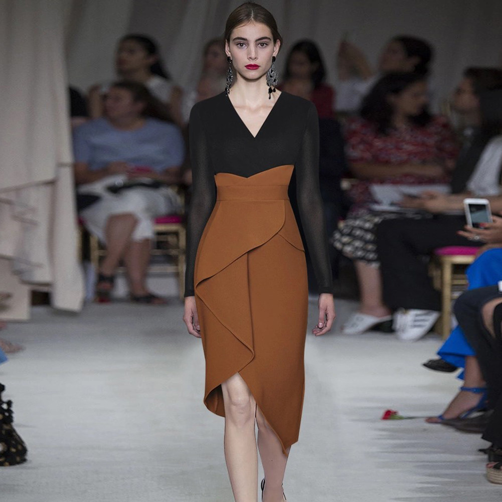 herveleger欧美风性感v领复古气质简约淑女款名媛聚会绷带连衣裙