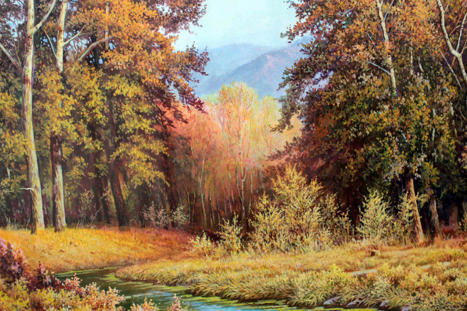 朝鲜名家韩哲《密林的秋天》丙烯画 海外直供【白头山出品】