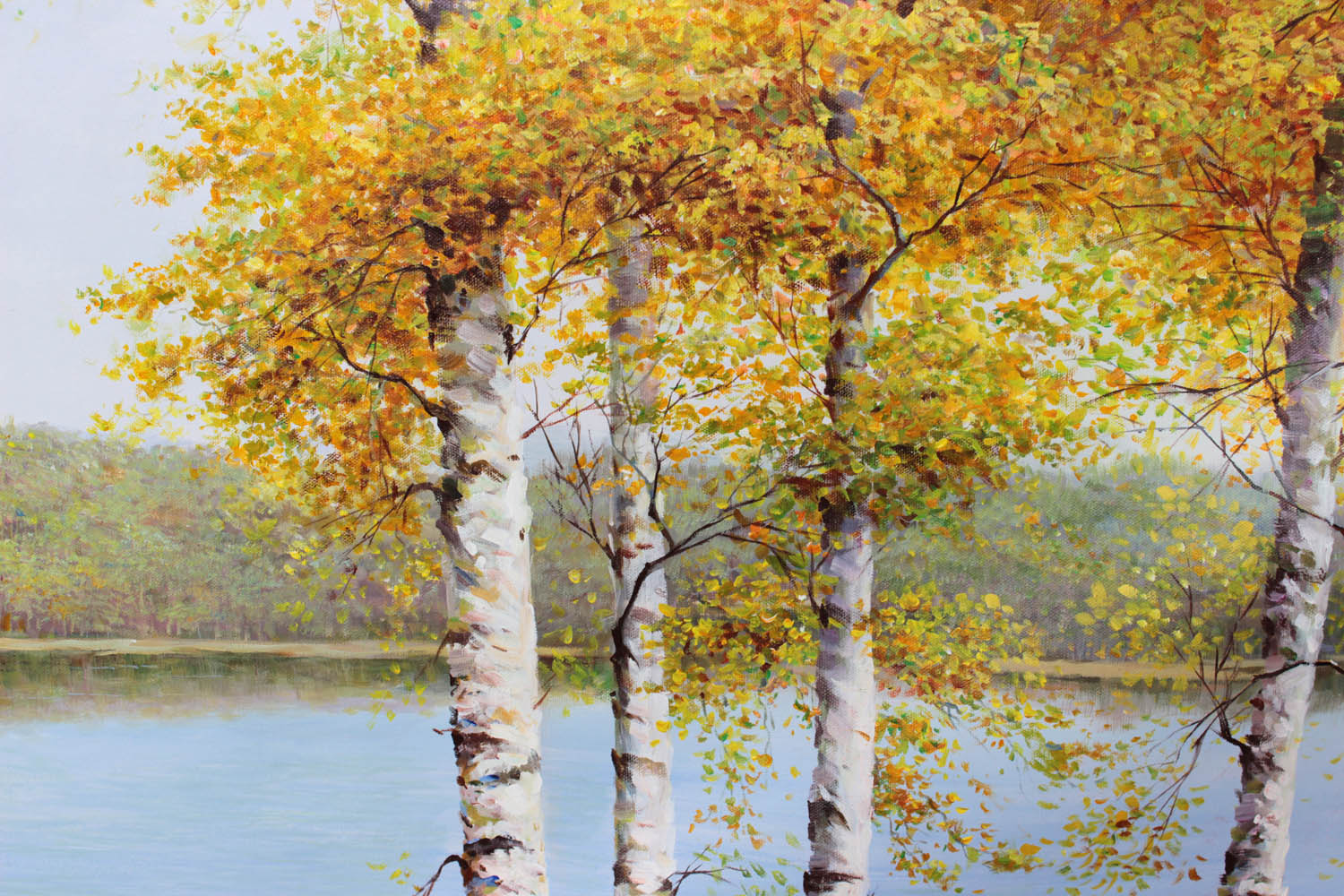 朝鲜名家 申成权《湖边白桦》丙烯画 白头山出品