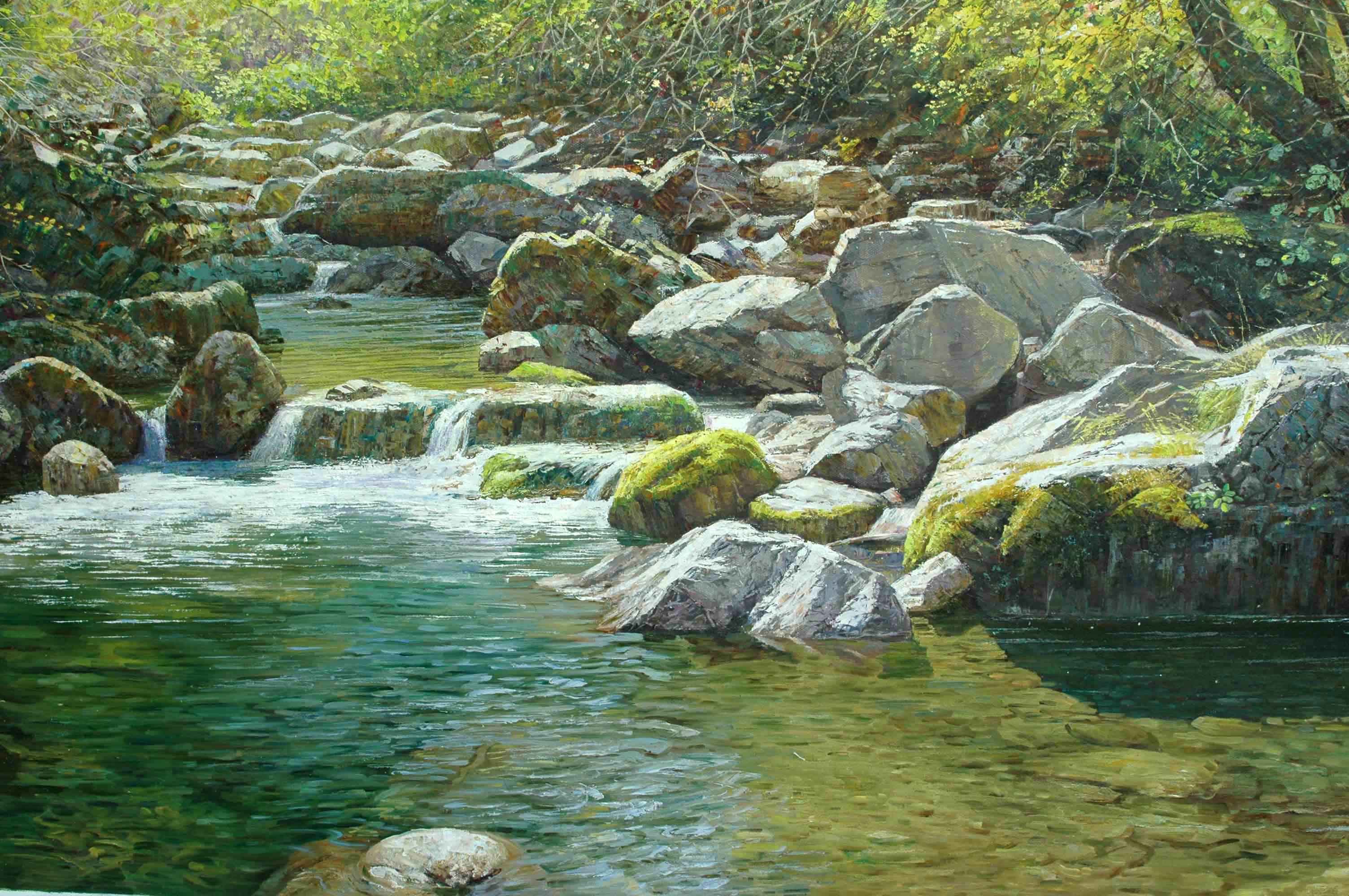 朝鲜名家油画 李明辰 《夏天山川的溪涧》一级画家油画