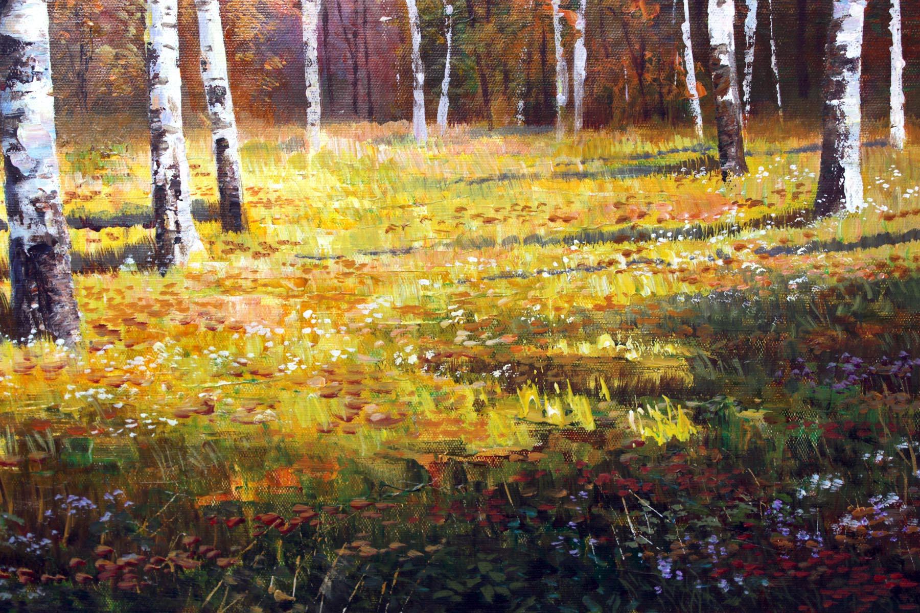 朝鲜名家油画 金胜镇 《秋天的白桦林》一级画家 油画作品