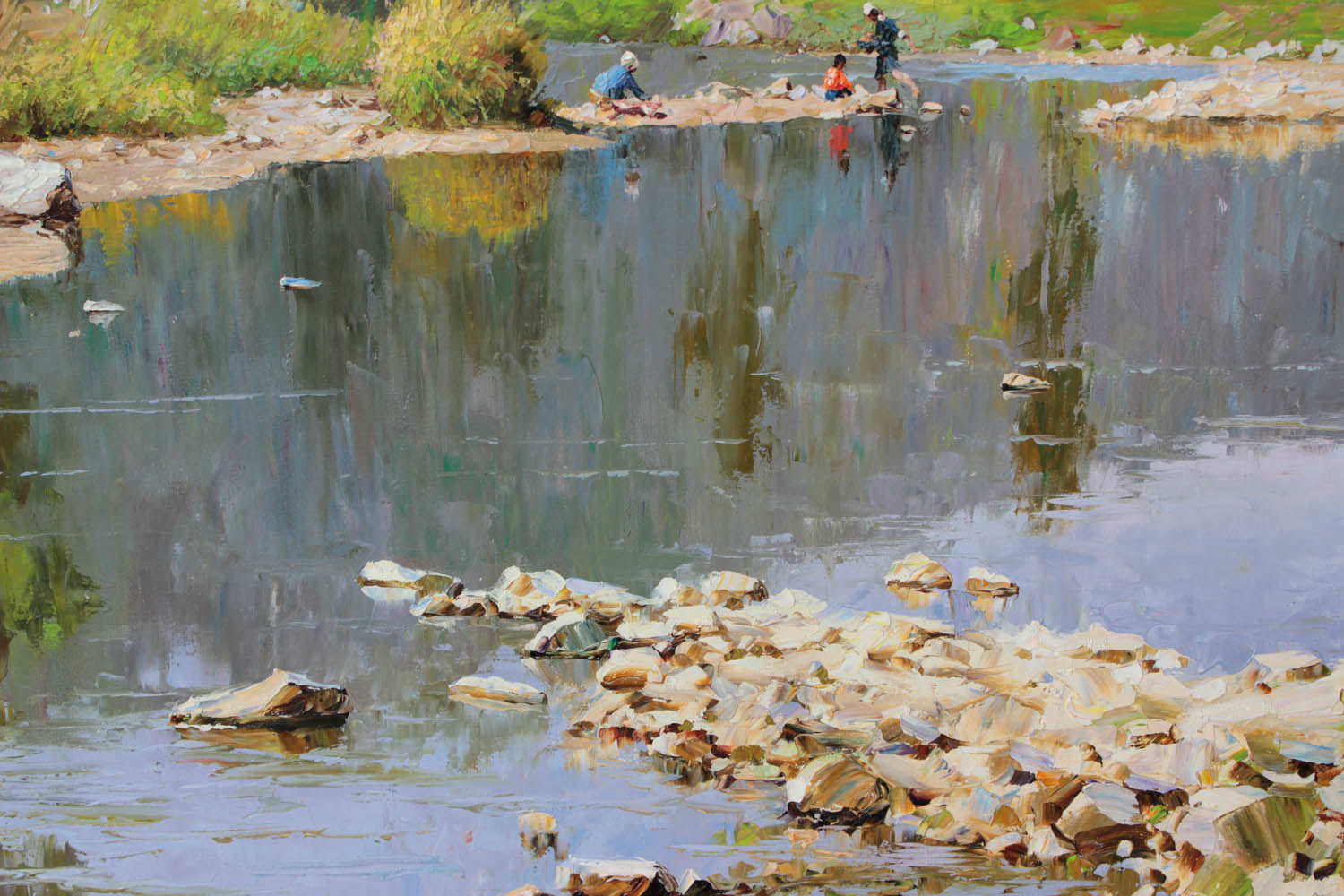 金成哲《小河边的洗衣处》朝鲜名家油画【白头山出品】