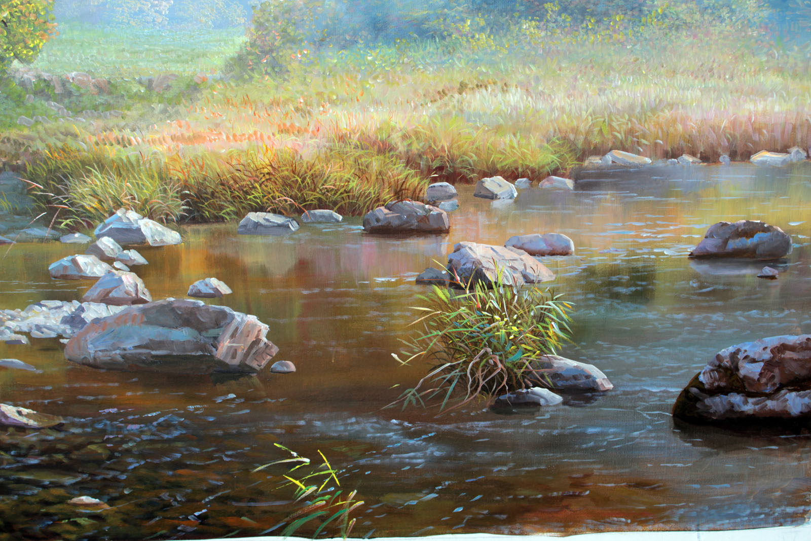 朝鲜名家金有哲《小溪边》丙烯画 海外直供【白头山出品】