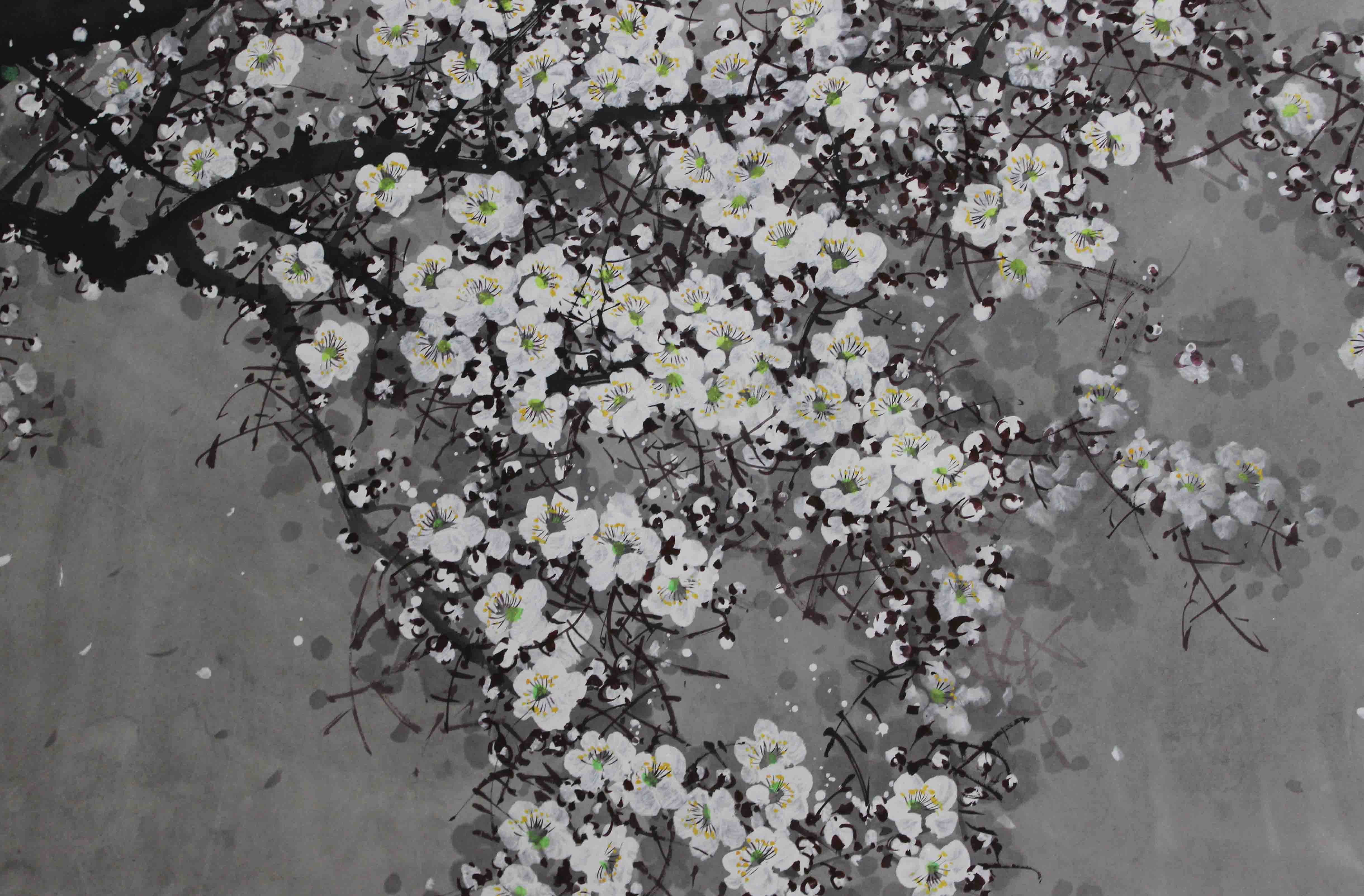 大尺幅 朝鲜功勋艺术家 韩成日 《杏花》朝鲜名家水彩画