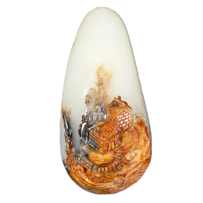 海派玉雕大师崔哲豪作品 和田玉白玉田园人家 74.664g