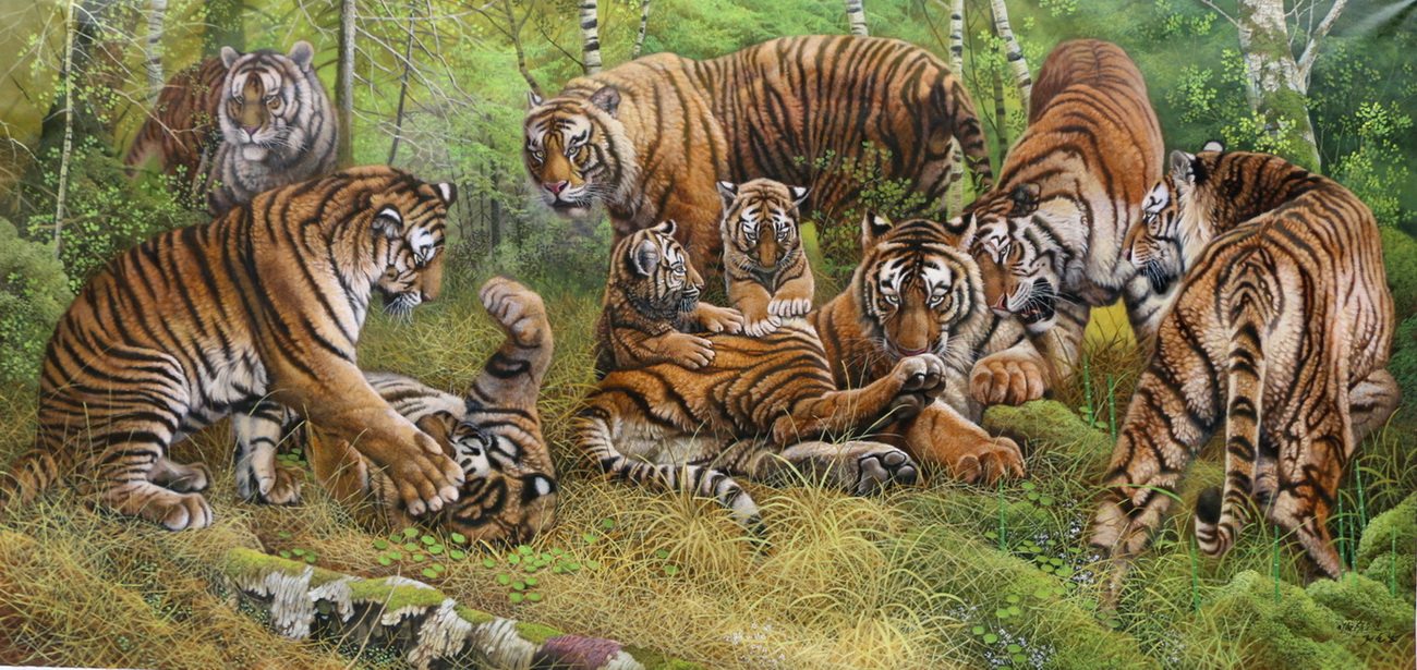 (朝鲜)3.35米巨幅 全顺男《山林中的老虎》万寿台美术创作社