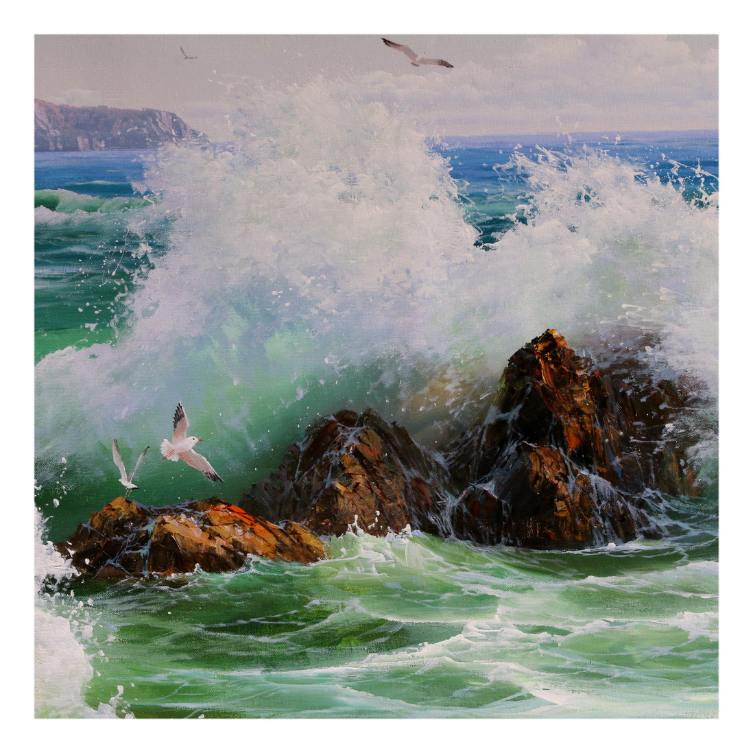 (朝鲜)巨幅2.9米人民艺术家李成浩《外金刚海浪》白虎创作社