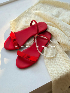 饰与美韩国东大门夏季新款女鞋圆头低跟一字带甜美蝴蝶结红色凉鞋