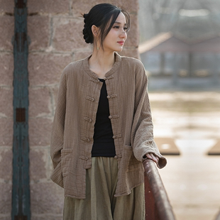 竹节棉春夏季女装新款宽松大码中国风衬衫休闲复古外套上衣开衫女