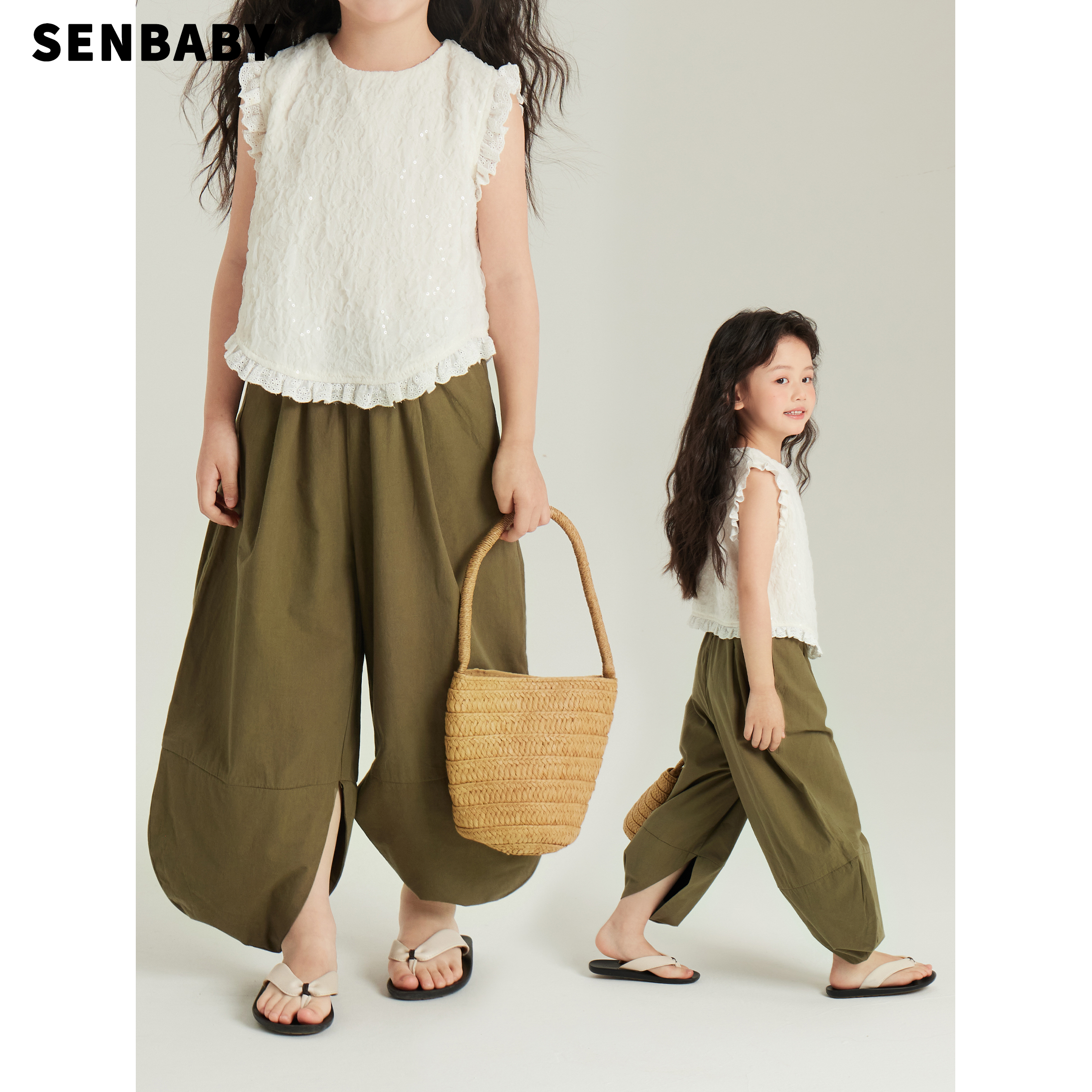 senbaby童装定制女童裤子春夏款军绿裤中大童夏装长裤儿童休闲裤