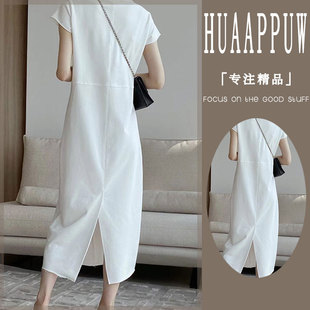 HUAAPPUW白色小众设计感短袖纯棉直筒连衣裙女2022夏季新款高级感