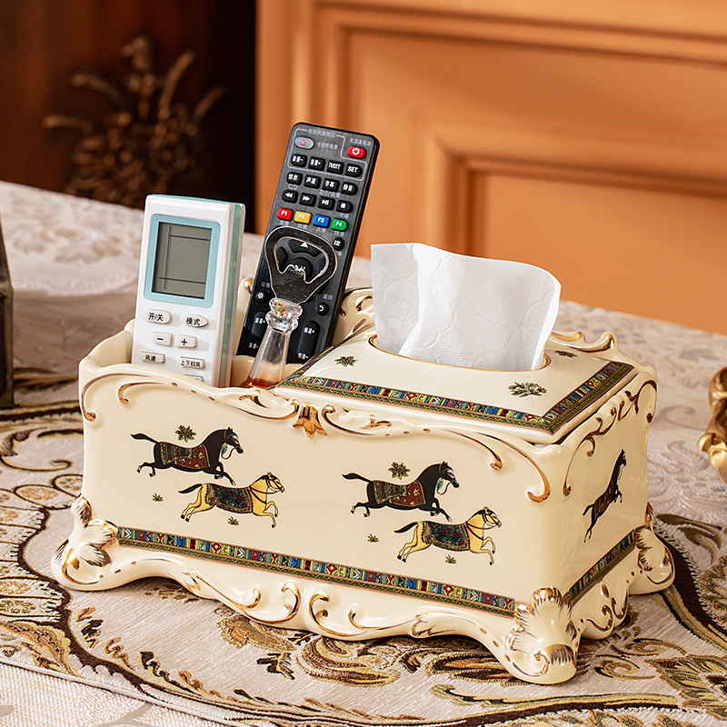 欧式陶瓷多功能纸巾盒遥控器收纳盒家用抽纸盒客厅高档装饰品摆件