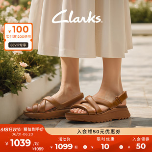 Clarks其乐纤动系列女鞋24夏新款镂空交叉带羊皮厚底缓震罗马凉鞋
