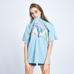 moschino/莫斯奇诺t恤女19新款彩虹小马宝莉独角兽短袖中长款宽松