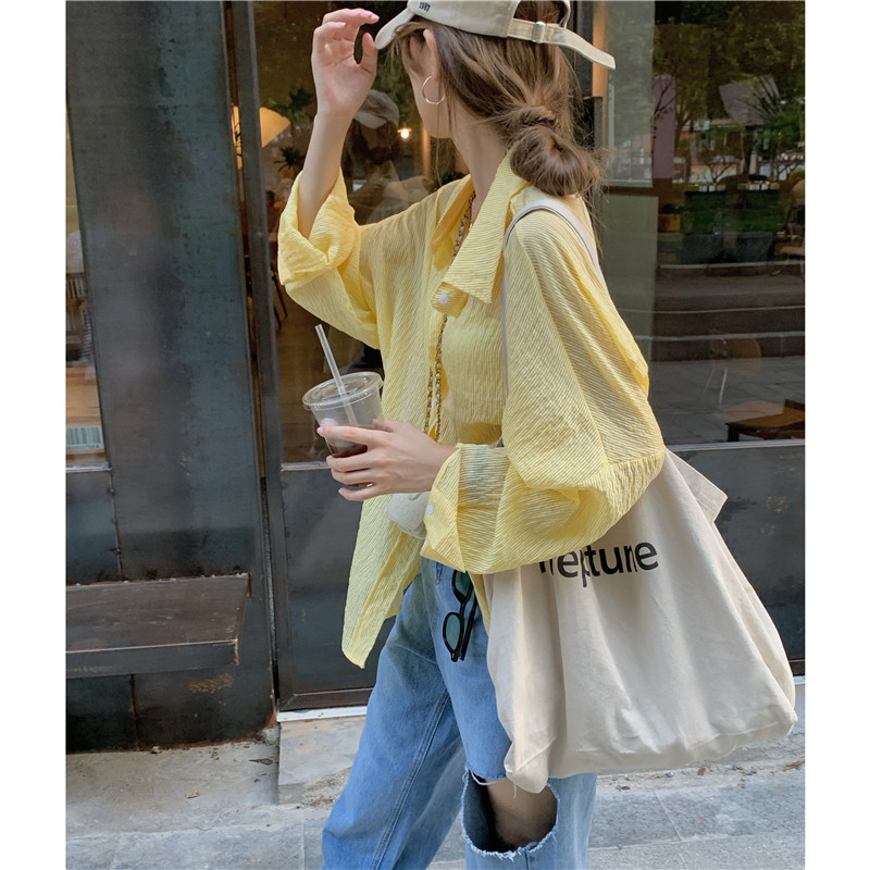 实拍实价 三标齐 夏日宽松百搭薄款细条纹长袖衬衫防晒衫