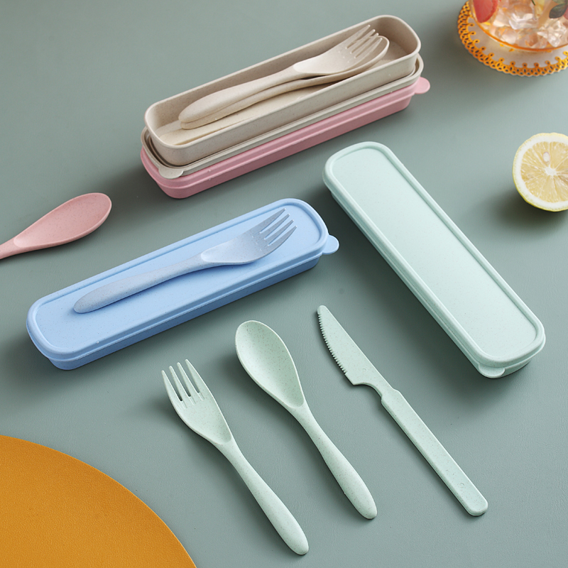 小麦秸秆刀叉勺三件套餐具套装日式食品级塑料学生儿童便捷收纳盒